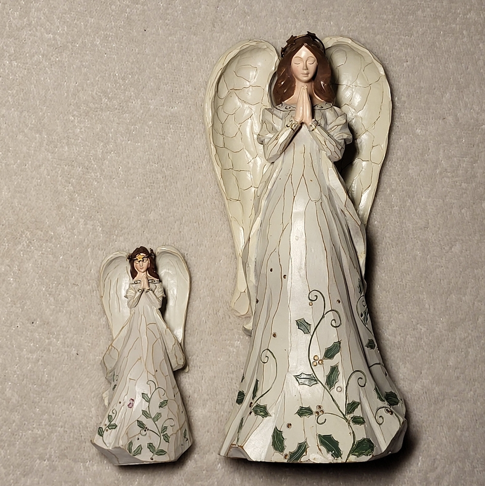 SILENT NIGHT Hand-Painted Resin Angel Figurines Set– One Large, One Small